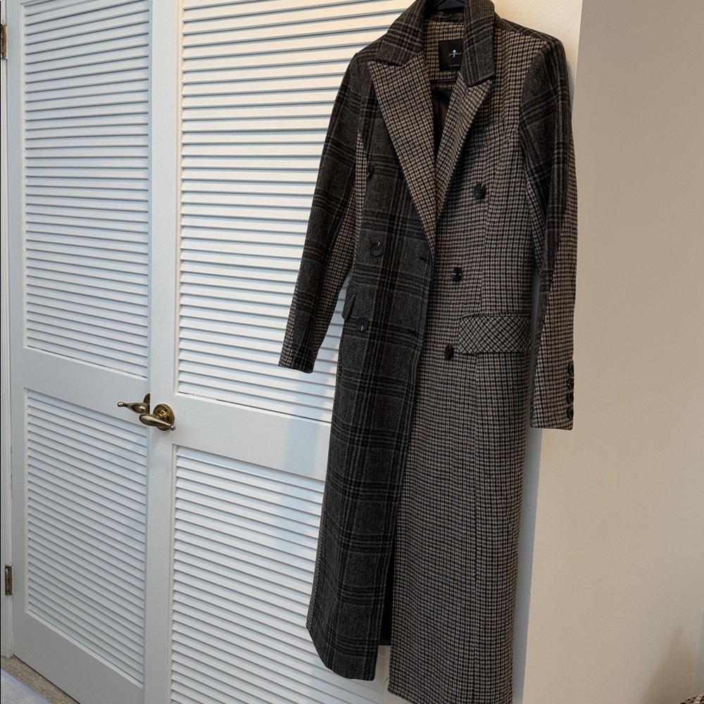 NWT 7 For All Mankind Black and Gray Plaid Wool Blend Coat Size XS